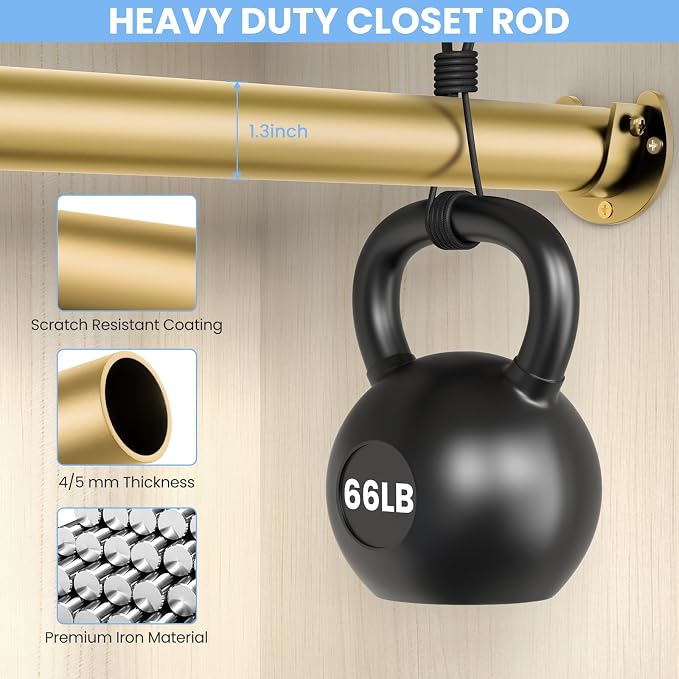2 Pack Closet Rods for Hanging Clothes, 17 to 28 Inch Heavy Duty Stepless Adjustable Closet Hanging Rod, 1.3 Inch Diameter Metal Closet Rod for Wardrobes Laundry Bedroom RV, Gold