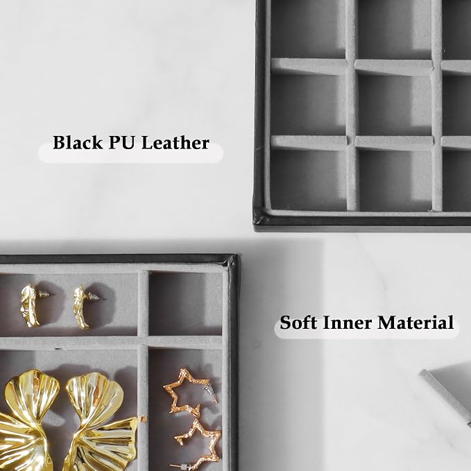 Large Jewelry Organizer Tray 2 Pack, Stackable Jewelry Storage Holder for Drawer Inserts, PU Leather Velvet Jewellery Display Case for Earring Bracelet Necklace Ring (Black Gray, 48 Grids)