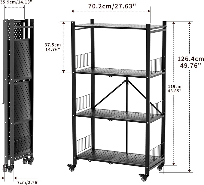 Folding Storage Shelves, 4-Tier Metal Foldable Shelf Shelving Rack Organizer On Rolling Wheels in Kitchen Warehouse Patio Pantry Garage Collapsible Shelves No Assembly (Black, 4-Layer)