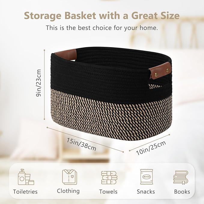 ECDYQXVU 15x10x9 Woven Cotton Rope Storage Basket, Leather Handles 2 Pack | Foldable Design, Sturdy PU Handles, Easy to Clean Organizer for Living Room, Closet, Shelves, Bedroom, Laundry, Clothes