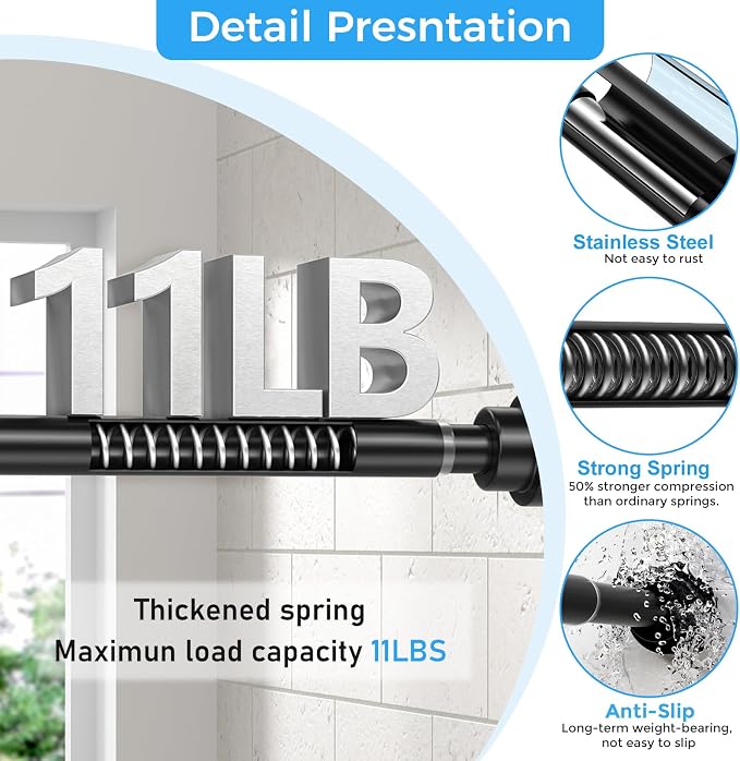 Shower Curtain Rod 31-63 Inch,7/8"Diameter Adjustable Spring Tension Curtain Rods No Drill,Matte Black Shower Tension Rod for Bathroom,Room Divider,Window,Anti-Rust Non-Slip 1-Pack