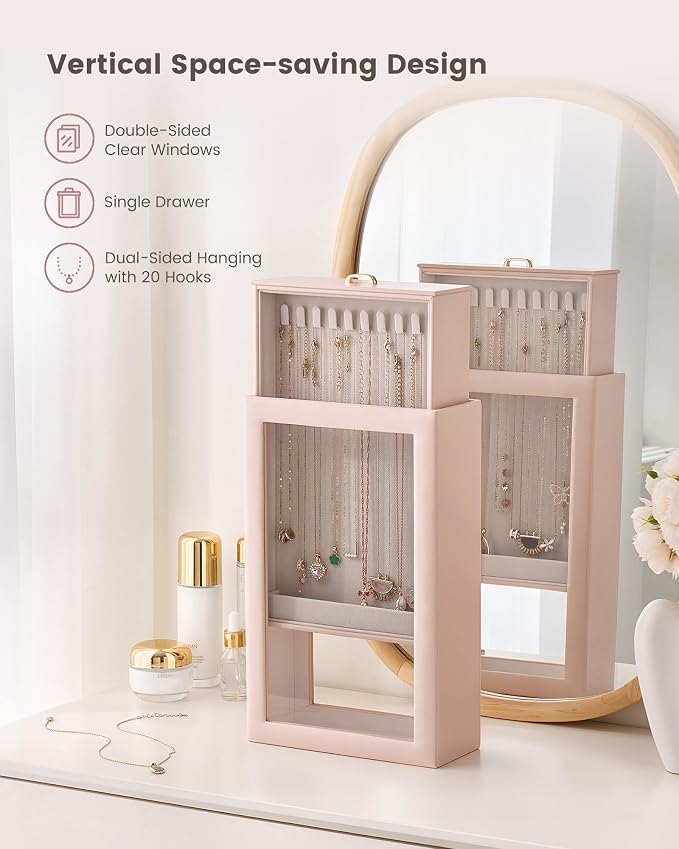 Lolalet Upgraded Double-Sided Hanging Necklace Organizer Box, Jewelry Display Case with Double-Sided Clear Window for Necklaces Bracelets, Tangle-Free Necklace Storage Box, Pink, 1-Layer 20 Hooks