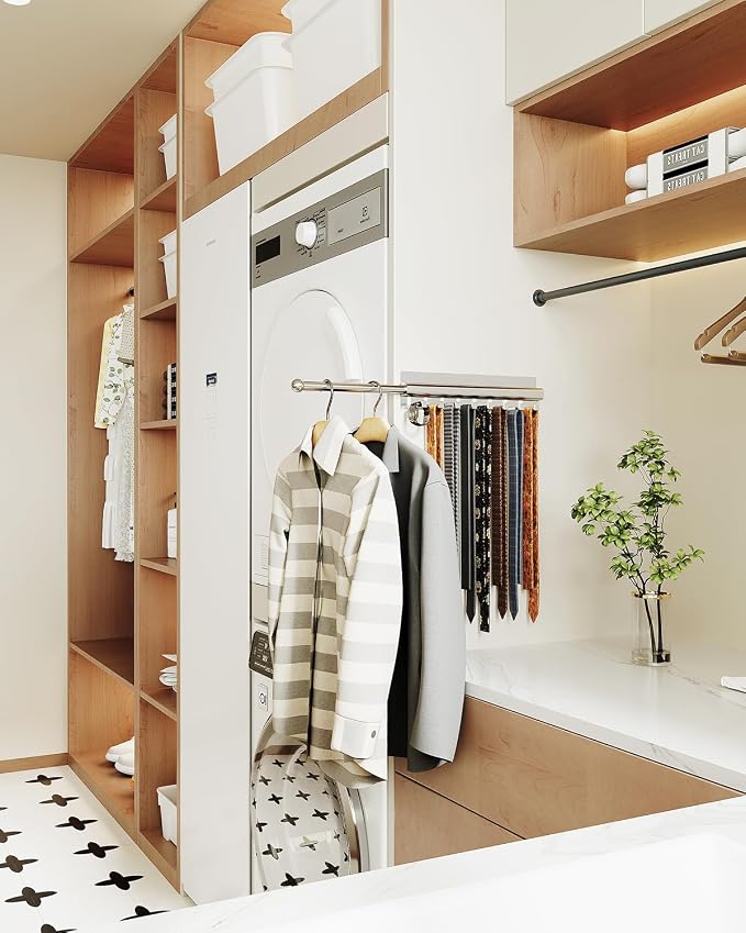 BaiNong Adhesive Valet Rod for Closets Pull Out 12" Silver with 8 Hooks | Multifunctional Closet Valet Rod Slide Out for Closets Belt Organizer for Closet Tie Rack Hanger for Closet Space-Saving
