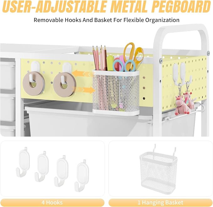Rolling Storage Cart with 14 Drawers, Storage Organizer Cart with Tabletop and Pegboard,Utility Cart for Living Room, Classroom, Bedroom,Bathroom,Dorm,Office (White)