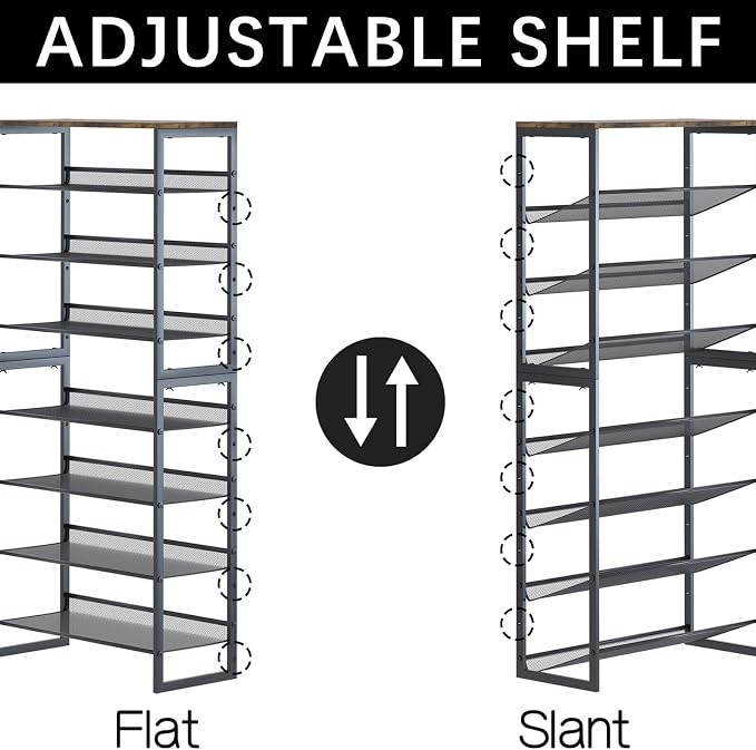 Garden 4 you Shoe Rack 8 Tiers Shoe Storage Organizer,Large Capacity Storage Rack with Brown Wooden Tabletop,Adjustable Metal Shelf Stackable Shoe Shelf for Entryway Hallway Living Room Closet