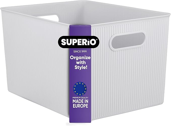 Superio Ribbed Collection - Decorative Plastic Basket Open Home Storage Bins Organizer, X-Large White Smoke (1 Pack) Container Boxes for Organizing Closet Storage Bins for Shelves 22 Liter/23 Quart