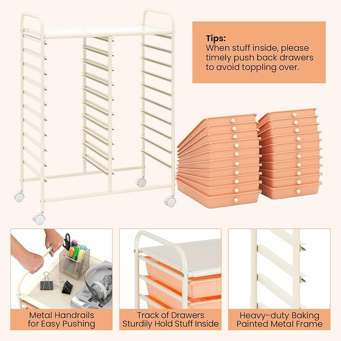 COSTWAY 20-Drawer Rolling Storage Cart, Utility Storage Organizer Cart | For Tools, Scrapbook, Paper, Craft, Multipurpose Storage Trolley on Wheels for Home Office School (Peach)
