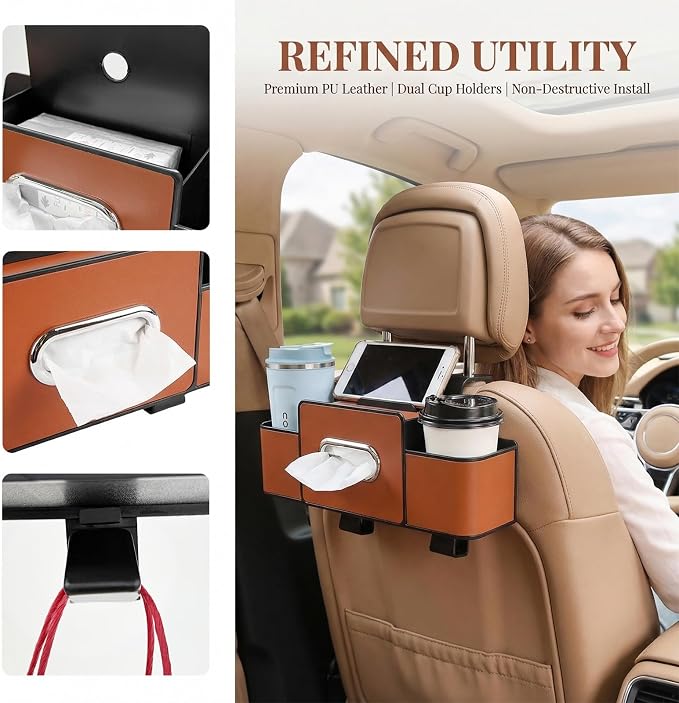 Car Back Seat Organizer, 3-in-1 Auto Seat Back Organizer with Tissue Box, Cup Holders & Hooks, Multifunctional Vehicle Backseat Hanging Organizers for Phones Drinks Handbags (Brown)