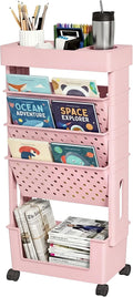 5-Tier Rolling Bookshelf Magazine Rack with Wheels Light Pink | Mobile Bookcase, Book Storage File Folder Organizer Cart for Home Study Office Living Room Classroom