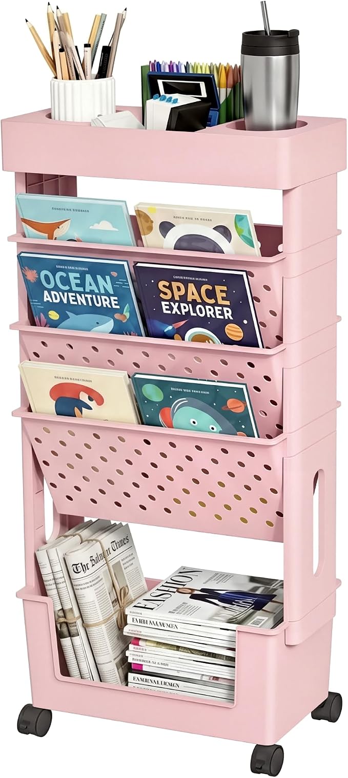 5-Tier Rolling Bookshelf Magazine Rack with Wheels Light Pink | Mobile Bookcase, Book Storage File Folder Organizer Cart for Home Study Office Living Room Classroom