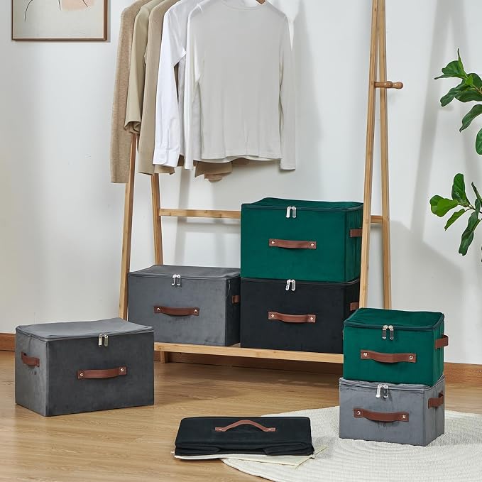 Storage Bins with Zipper Lid Velvet Fabric Storage Boxes Lidded Baskets Foldable Washable Decorative Closet Shelf Clothes Organizer Container with PU Leather Handles (Black, Small)