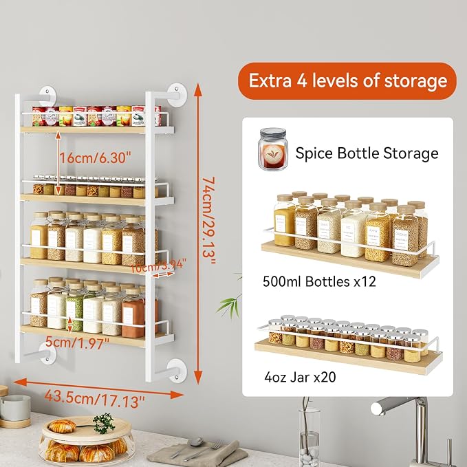 IBUYKE 4 Tier Spice Rack Wall Mount for Kitchen,Natural TLJ016R | Hanging Seasoning Organizer,Large Spice Rack for Wall Spice Organization for Kitchen Cabinet Bathroom Pantry Living Room