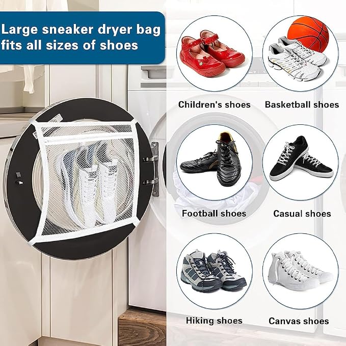 2 Pcs Shoe Dryer Bags,Adjustable Reusable Sneaker Dryer & Wash Bag Large Honeycomber Mesh Bags with Zipper and Strap for Washing Machine Shoes, Clothing