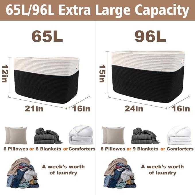 JMvicyroam Woven Blanket Basket,65L Large Storage Bin for Blankets Toys Clothes,Decorative Rope Basket for Living Room Bedroom with Handles, White&Black