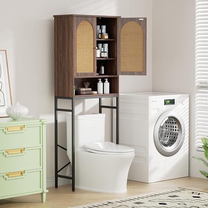Befrases Rattan Toilet Storage Cabinet, Over the Rack Wood Cabinet with Metal Stand, Bathroom Organizer with Adjustable Shelf, Space Saving Cupboard for Small Bathrooms, Washer Shelf, Dark Brown