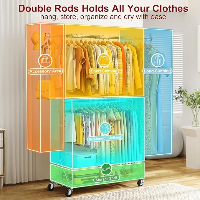 100% Stainless Steel Heavy Duty Clothes Rack Load 860LBS, Adjustable Height Double Rods Clothing Racks for Hanging Clothes, Rolling Garment Rack With Sturdy Wheels Shelf, Portable Closet Wardrobe Rack