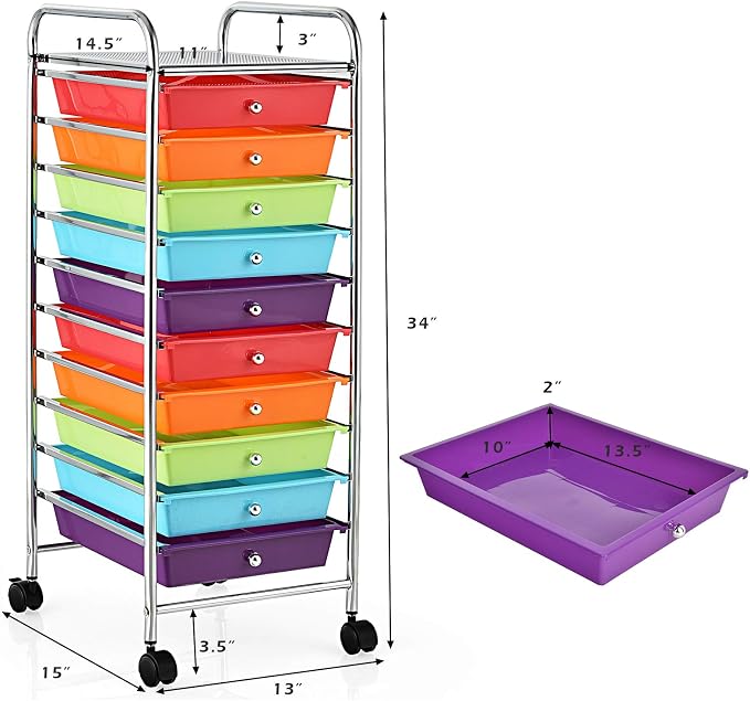 MEDIMALL 10 Drawers Rolling Storage Cart, Multipurpose Craft Storage Cart with Wheels, Mobile Tools Scrapbook Paper Organizer Cart for Office School Home Use (Multi-color)