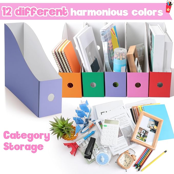 Colarr 12 Pack Cardboard Magazine Holders 12 Colors Magazine Storage Box with Label Stickers File Organizer Folder Book Holder for Desk Desktop Document Organizer for Office School (Elegant Color)