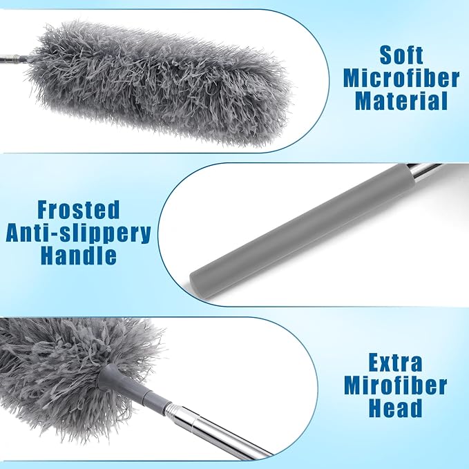 Tanlade 12 Pcs Microfiber Feather Duster for Cleaning, Extendable 13-31 Inch Ceiling Fan Duster with Bendable Head, Washable Tools for Ceiling Fans, Furniture, Car, Cobwebs (Gray)