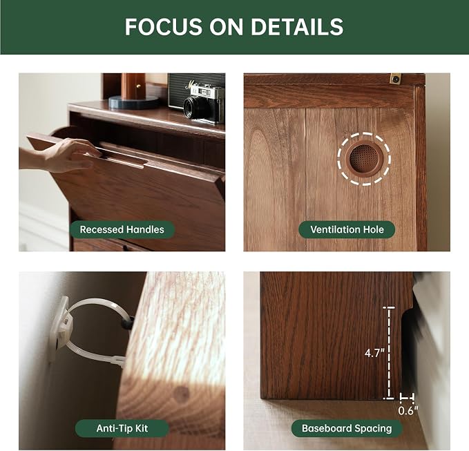 Fully-Assembled Oak Shoe Cabinet with 3 Flip Drawers, Solid Wood Shoe Storage Cabinet, Narrow Shoe Organizer for Entryway, 7.9" x 33.5" x 45.7", Oak Wood, Natural (Walnut)