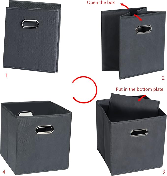 Yunkeeeper storage bins Cubes, Fabric Cube Organizer with Handle, Foldable Cube Bins for Cloth or Accessary Storage, 11x11x11, Set of 6, (Gray)