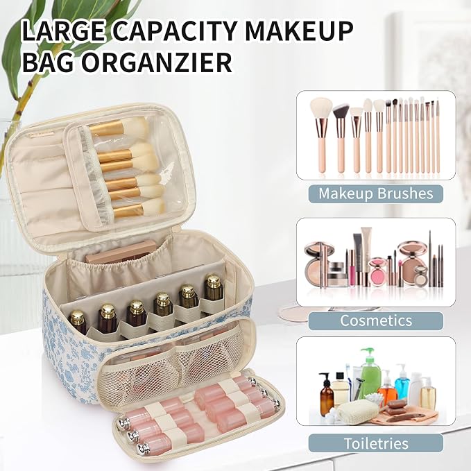OCHEAL Makeup Bag, Multifunctional Make Up Bags Large Compact Makeup Bag Organizer Cosmetics Toiletry Brushes Storage Case for Women Girls Makeup Case with Handle Divider-Floar