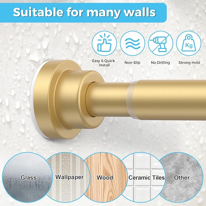 Tension Curtain Rod 30 To 49 Inch Gold Tension Rods Adjustable Spring Loaded Curtain Rods 7/8" Curtains Rods No Drilling Tension Rods For Windows Bedroom Closet Doorway Door 2pcs