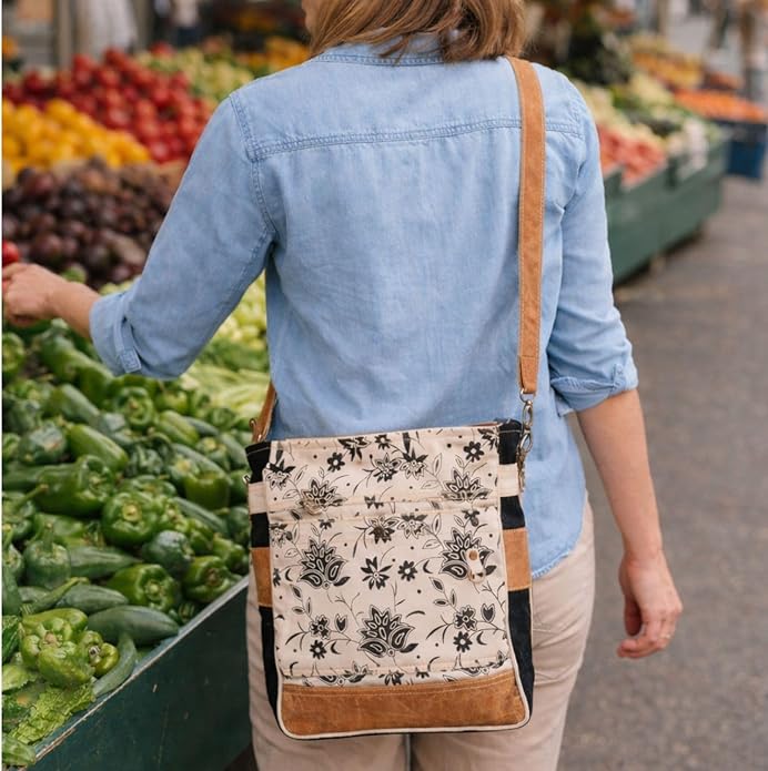 RAJERIYA Bags SEL de MER Upcycled Blossom Print Canvas & Leather Shoulder Bag, Canvas Crossbody Bags for Women
