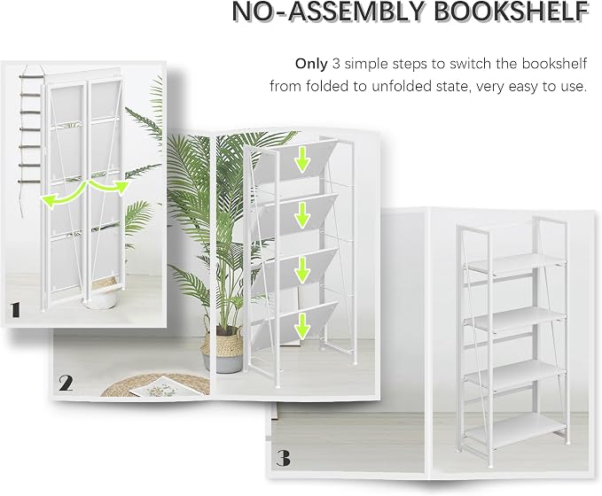4NM No Assembly Folding Bookshelf Storage Shelves 4 Tiers Vintage Bookcase Standing Racks Study Organizer Home Office (All White)