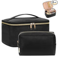 OCHEAL Makeup Bag Set, Portable Travel Makeup Bags Cosmetic Organizer Bag for Women Cute Floral Cosmetic Pouch Large Capacity Make up Bag PU Leather Toiletry Bags with Divider and Handle-Black