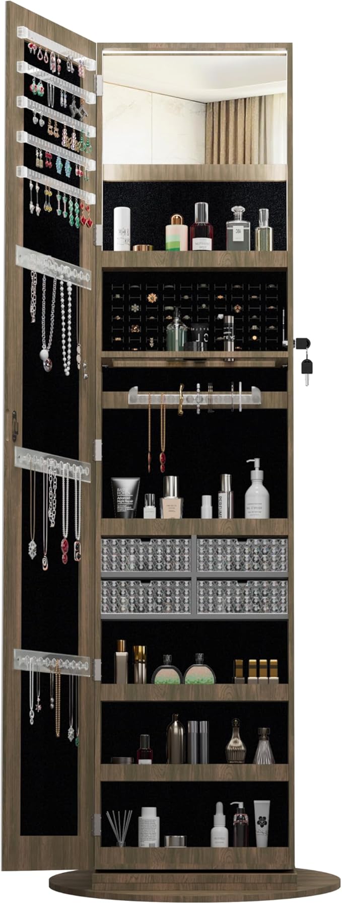 62" 360° Swivel Freestanding Storage Chest, Jewelry Cabinets with Interior Light, Utility Organizer with Lockable Design for Home Dressing, Antique brown