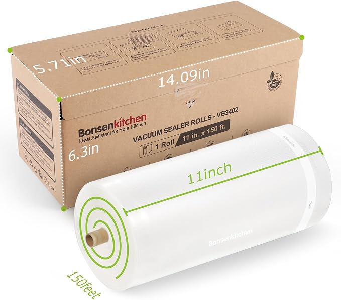 Bonsenkitchen 11"x150' Vacuum Sealer Bags with Cutter for Food Storage | Commercial Grade, Meal Prep and Sous Vide Cooking, Puncture Resistant Heavy Duty Design, BPA Free Food Grade Safe Material
