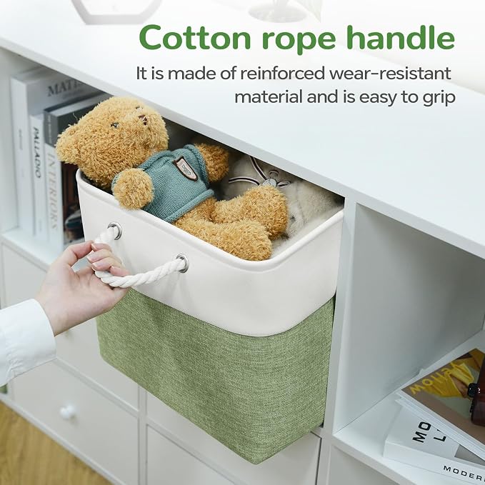 12 x 12 Inch Cube Storage Bins, 4 Pack Fabric Storage Basket with Handles, Foldable Boxes Organizer for Shelf Baskets for Home, Clothes (White/Green)