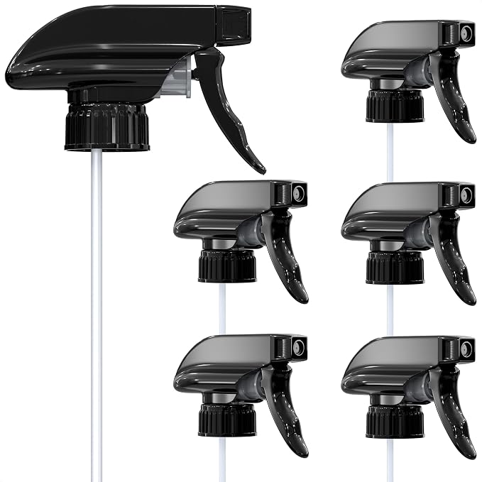ALPENKOK 6 Pack Spray Nozzle for Bottles, Trim-To-Fit Tube; Plastic (Black) | Spray Bottle Nozzle Replacement; Fits 8 and 16 Oz; Trigger Sprayer with Mist, Stream & Off Modes; for Cleaning and Garden