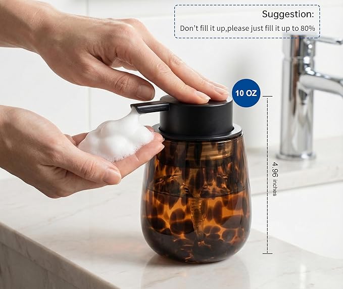 Marble Glass Foaming Hand Soap/Lotion Pump Dispenser, Refillable for Kitchen and Bathroom Countertop (Amber)