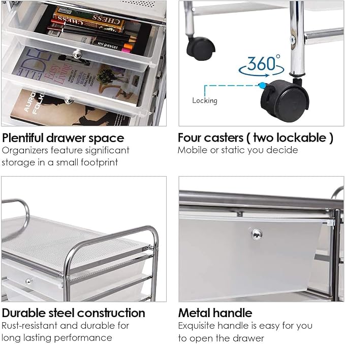 Moccha 15-Drawer Rolling Storage Cart - Under Desk Storage Drawers with wheels for Craft Art Supply Paper Salon, Scrapbook Paper Tools, Mobile Utility Cart for Classroom (15 Drawers, Clear)