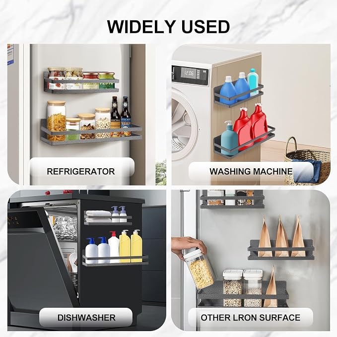 Uten Magnetic Spice Rack for Refrigerator 2 Pack, Strong Fridge Organizer | Heavy duty Metal, Capacity of up to 23lbs, For Kitchen, Washing Machine, 16"*4.5" and 12"*4", black textured