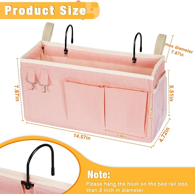 Lilithye Bedside Caddy Bedside Organizer Bedside Storage Caddy with Fixed Straps and Water Bottle Holder for Home College Dorm Bunk Bed Hospital Bed Crib Bed Rails (New Pink)