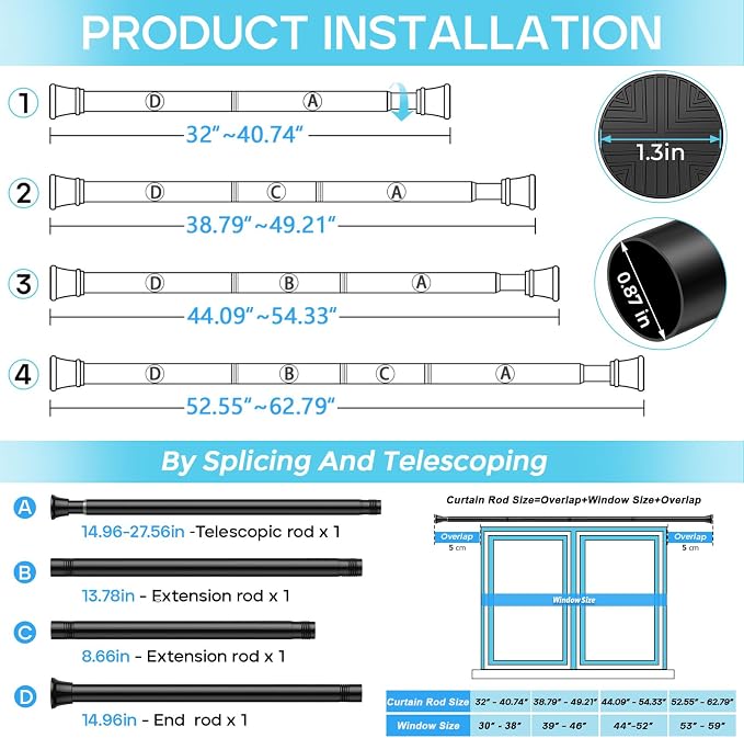 2 Pack Spring Tension Curtain Rod 32-62 inch, Adjustable Expandable Tension Curtain Rod No Drilling, Tension rods for Window Doorway Kitchen Curtain, Black