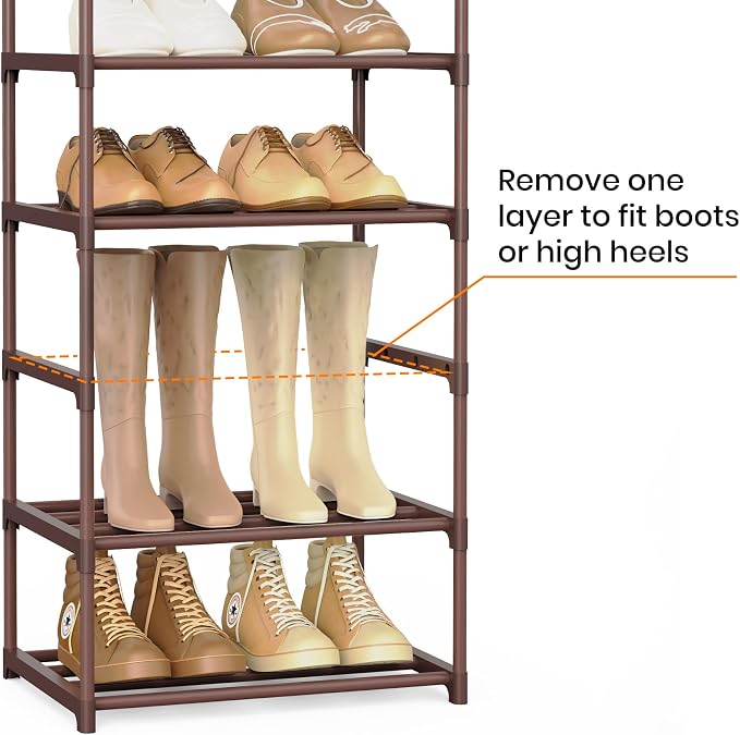 Tall 10 Tier Shoe Rack - 20-24 Pair Storage, Sturdy Metal Shoe Organizer with Hooks for Closet, Entryway, Brown