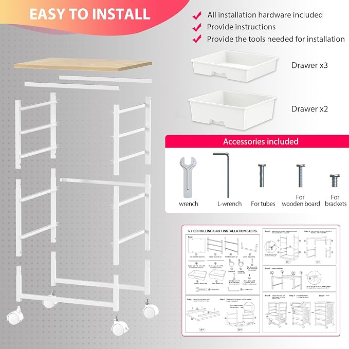 Goovilla Rolling Cart with Drawers, Utility Cart Organizer With 5 Removable Drawers and Wooden Tabletop, Lockable Rolling Storage Organizer for Art, Classroom, Home, Dorm, Office, Craft Storage, White