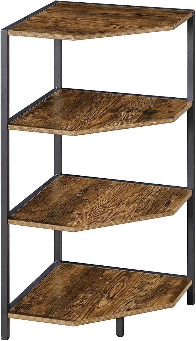 VECELO 31 Inch Corner Shelf, 4-Tier Display Shelves, Wood Storage Stand with Metal Frame, Multipurpose Shelving Unit for Small Space, Home Office,Antique Brown