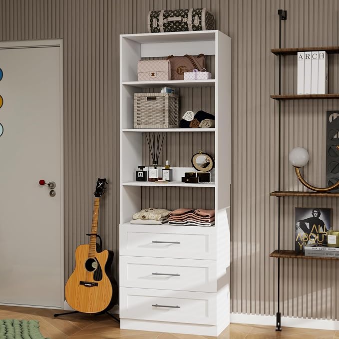 Closet System with 3 Drawers and Shelves, secilix 81" Wood Closet Organizer System, 2FT Modular Closet System for Walk in Closet, Modular Storage Tower with Expandable Hanging Rod, White