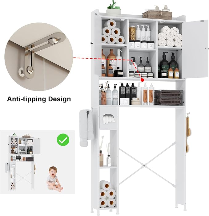 EasyCom Over The Toilet Storage Cabinet with Metal Frame and 7 Storage Shelves, Bathroom Organizer with Adjustable Shelves and Paper Holder, Farmhouse Storage Cabinet for Bathroom, Laundry, White
