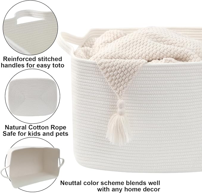 96L XXXLarge Woven Laundry Basket with Sturdy Handles - White | 24x16x15 Foldable Rectangular Blanket Basket for Toys, Clothes & Pillows,Ideal for Nursery, Bathroom, Bedroom, Living Room