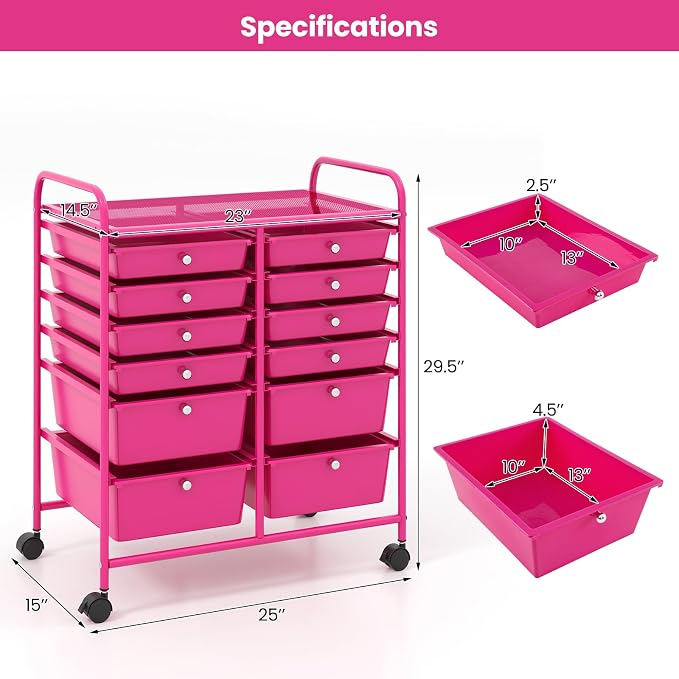 Giantex 12 Drawer Rolling Storage Cart Tools Scrapbook Paper Office School Organizer (Hot Pink)