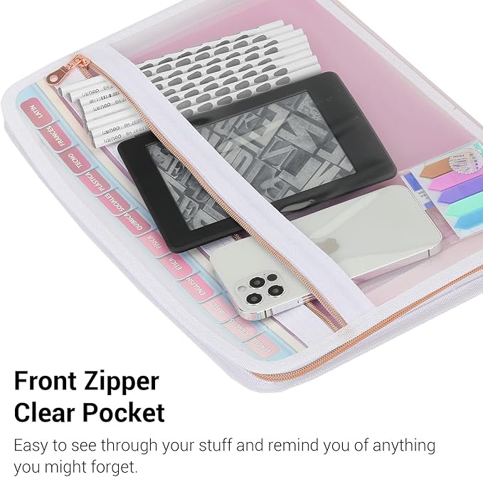 Mukawa 13 Pocket Zippered Expanding File Folder, Accordion File Organizer for Documents Letter Size A4 Papers (Pink)