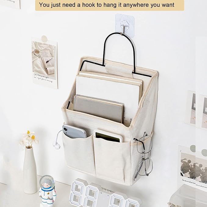 4 Pack Wall Hanging Storage Bag Fabric Hanging Bag Organizer with 4 Pockets, Wall File Organizer with 8 PCS Sticky Hooks for Bathroom Dormitory Office Rv Storage and Organization (2 White+2 grey)