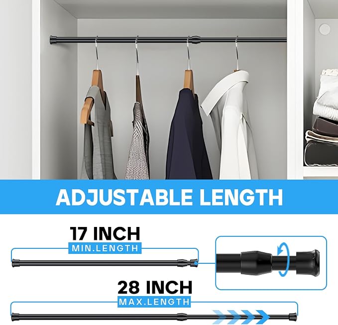 Spring Tension Curtain Rods 17-28 Inch Black 2 Pack | No-drill & tool-free setup. Fits windows, kitchens, doorways. Rust-resistant, great for light curtains.