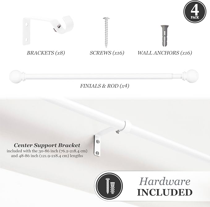 Kenney Chelsea Ball End Window Curtain Rod, Adjustable Curtain Rod for Windows 48 to 86 Inches, Extendable Curtain Rod Set, White Curtain Rod, Curtain Rods 4 Pack